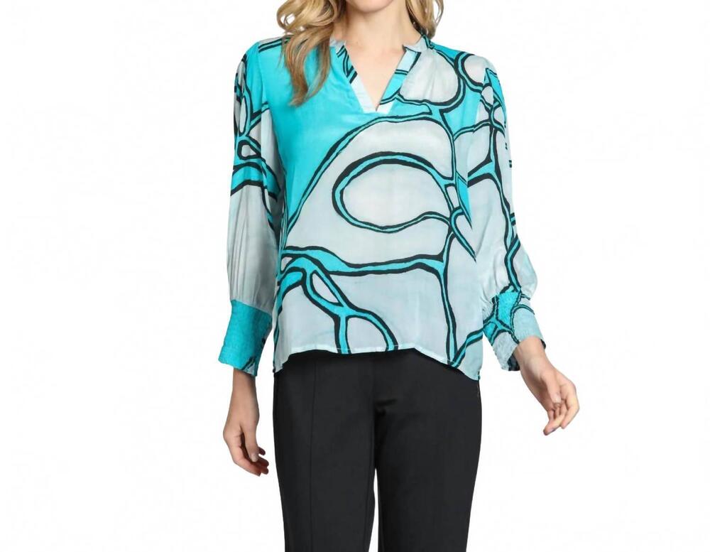 NEW APNY split neck top with smocked cuffs in turquoise multi